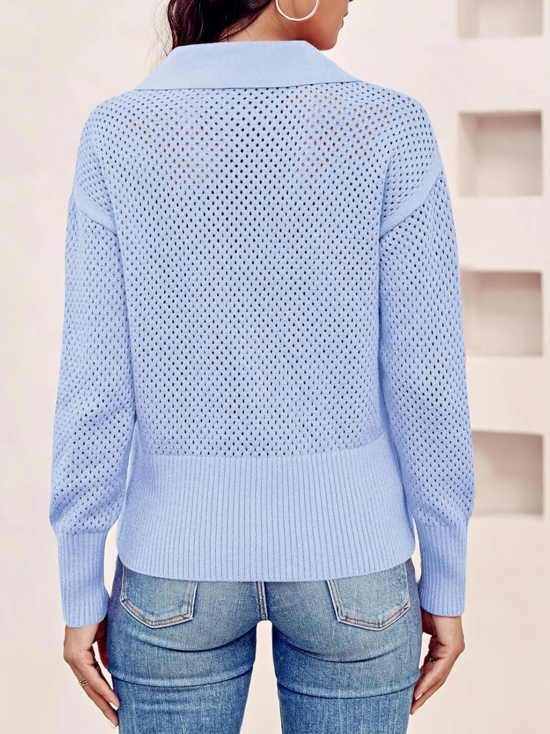 Women's Half Zip Pullover Sweaters Crochet Lapel Collar Long Sleeve Knit Solid Color Jumper Tops