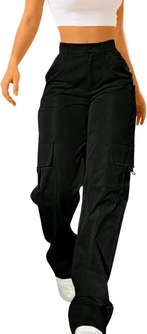 Womens High Waist Straight Leg Pants Solid Color Casual Trousers with Pockets 2024 Trendy Casual Cargo Joggers Pants