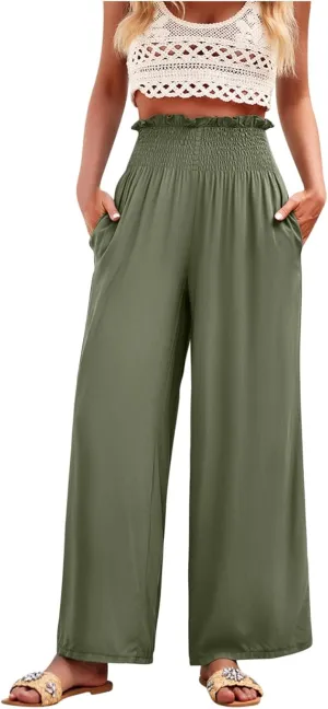 Womens High Waisted Palazzo Pants Casual Ruched Stretchy Flowy Lounge Pants Elastic Waist Loose Trousers with Pockets