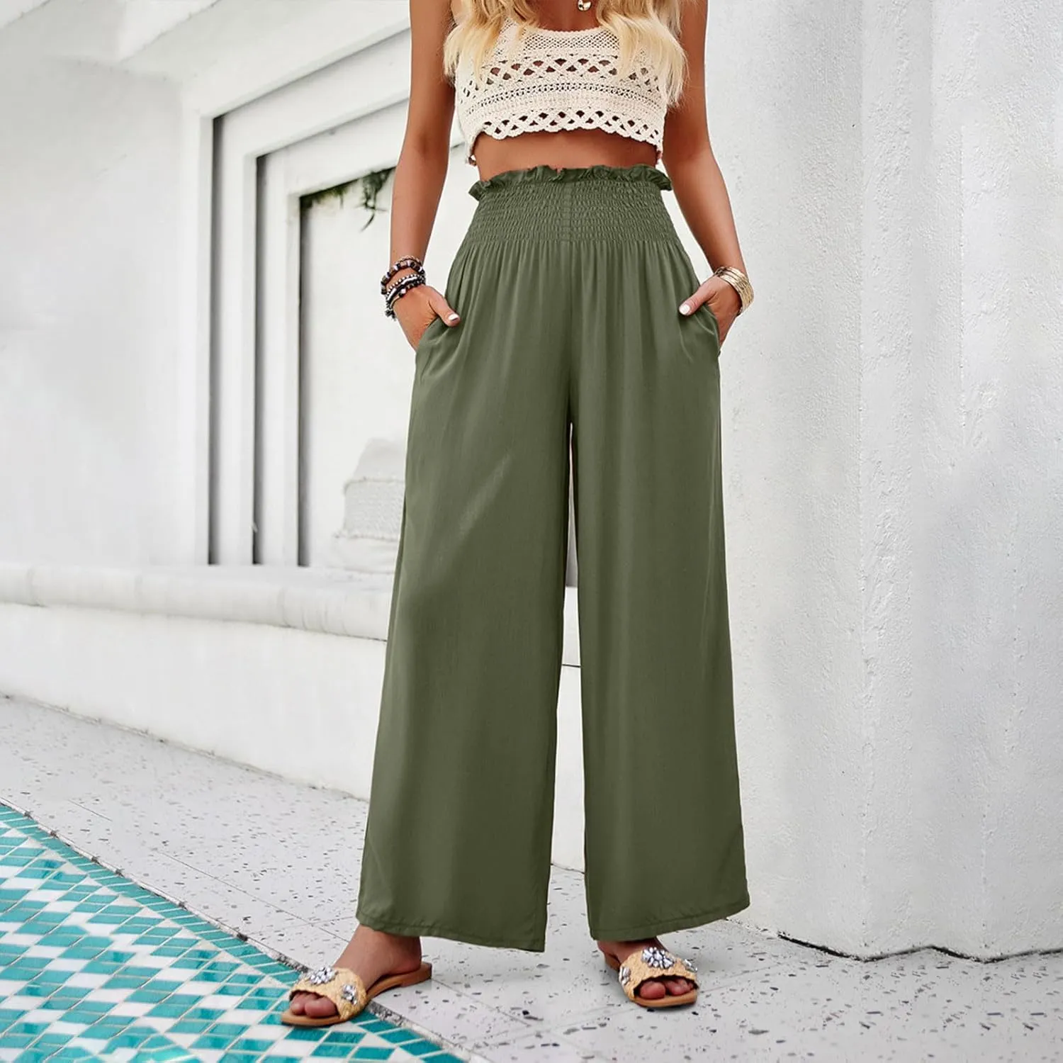 Womens High Waisted Palazzo Pants Casual Ruched Stretchy Flowy Lounge Pants Elastic Waist Loose Trousers with Pockets