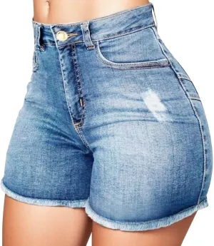 Womens High Waisted Skinny Stretchy Denim Shorts Frayed Raw Hem Casual Jean Shorts with Button Pockets