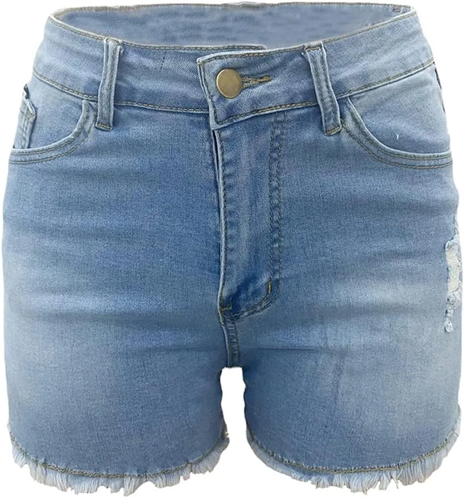 Womens High Waisted Skinny Stretchy Denim Shorts Frayed Raw Hem Casual Jean Shorts with Button Pockets