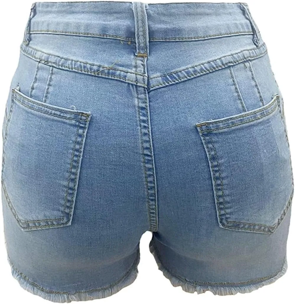 Womens High Waisted Skinny Stretchy Denim Shorts Frayed Raw Hem Casual Jean Shorts with Button Pockets