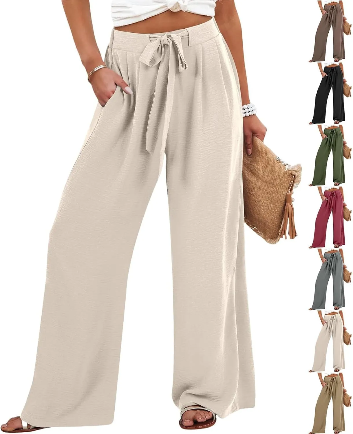 Women's High Waisted Wide Leg Flowy Pants Solid Color Tie Knot Palazzo Pants Casual Loose Beach Trousers with Pockets