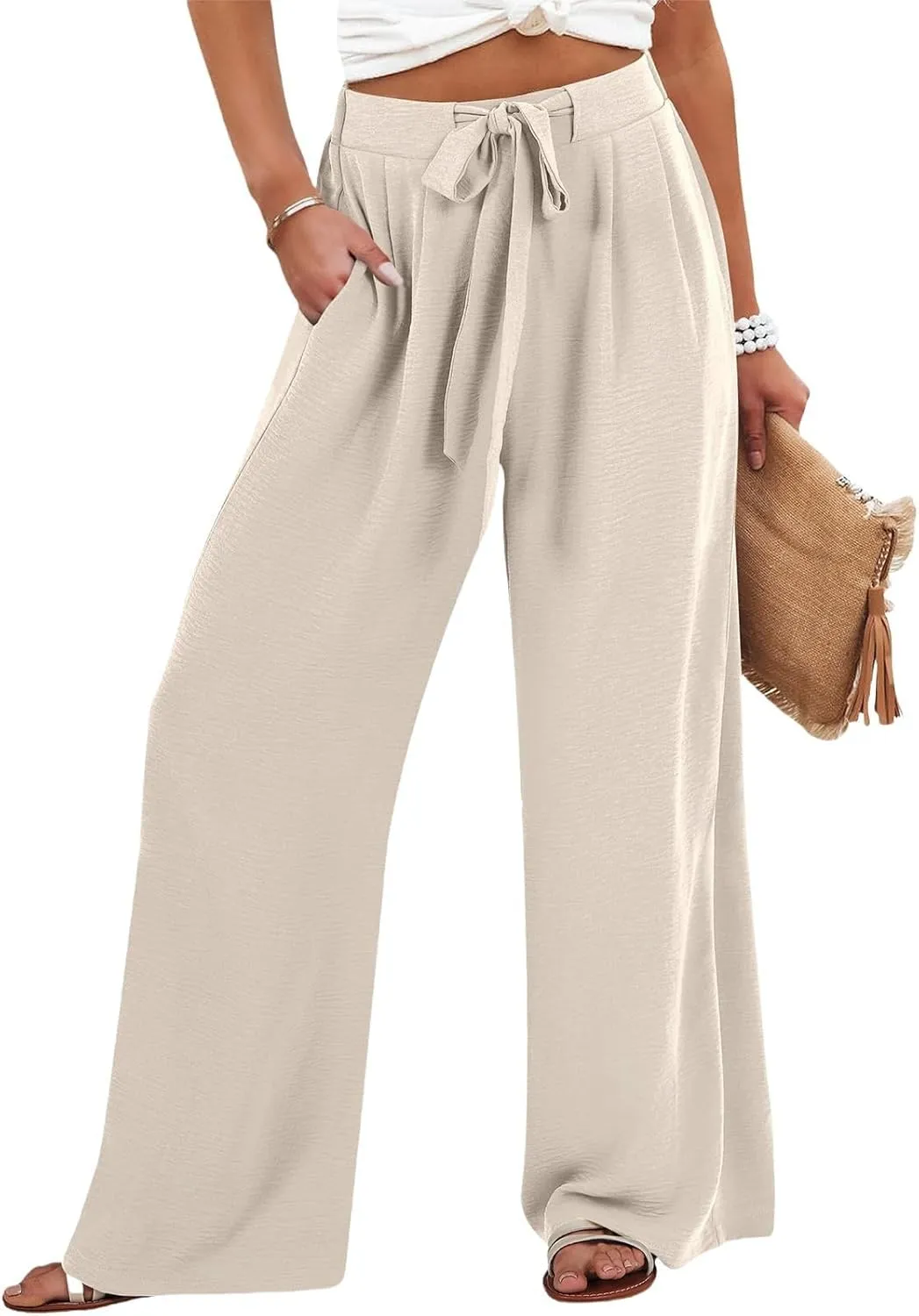 Women's High Waisted Wide Leg Flowy Pants Solid Color Tie Knot Palazzo Pants Casual Loose Beach Trousers with Pockets