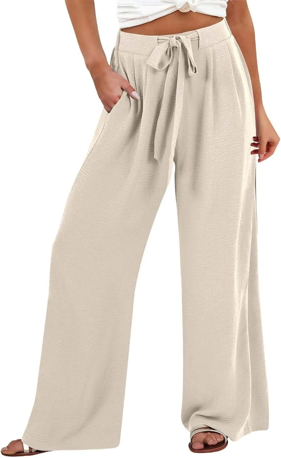 Women's High Waisted Wide Leg Flowy Pants Solid Color Tie Knot Palazzo Pants Casual Loose Beach Trousers with Pockets