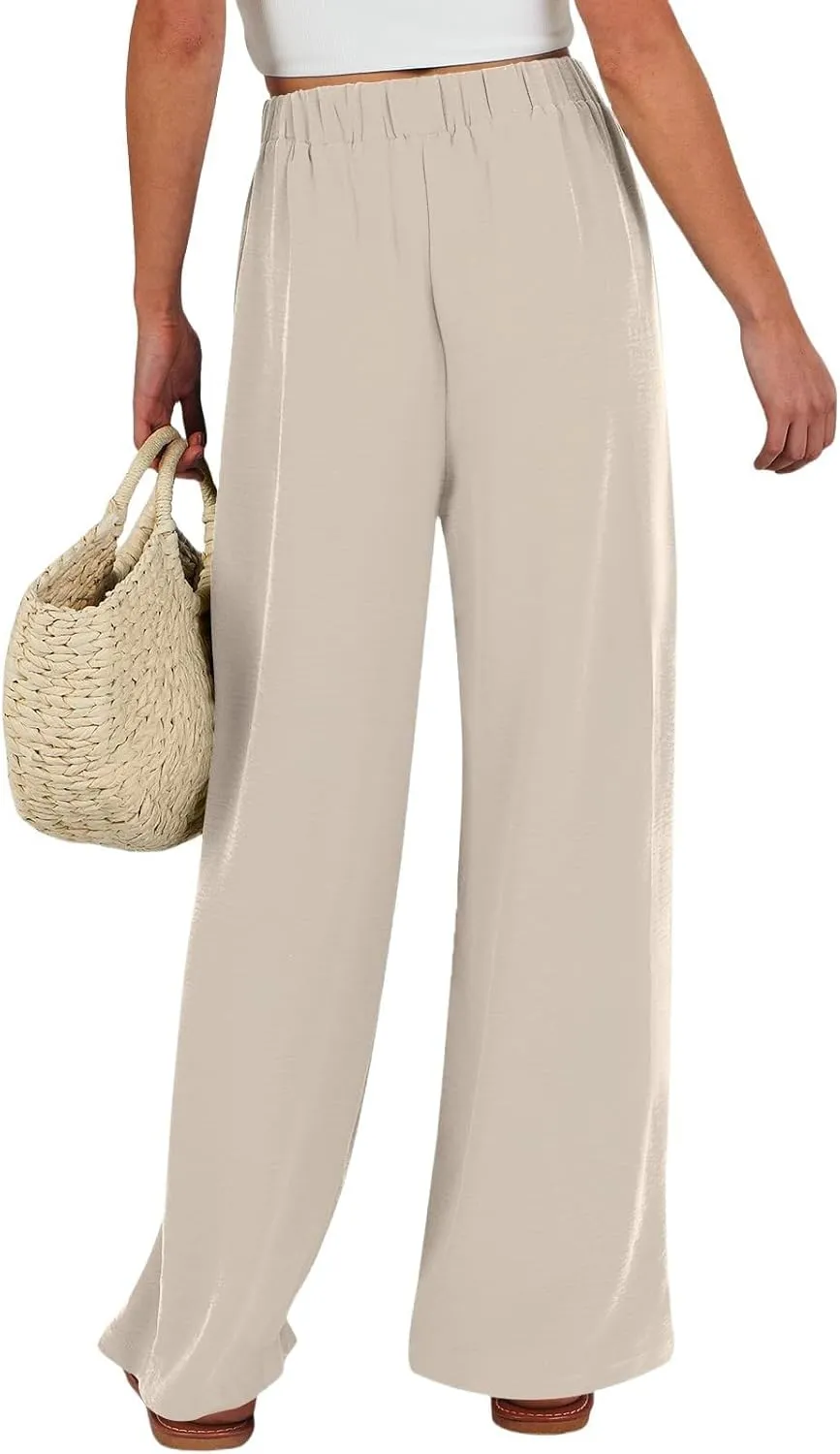 Women's High Waisted Wide Leg Flowy Pants Solid Color Tie Knot Palazzo Pants Casual Loose Beach Trousers with Pockets