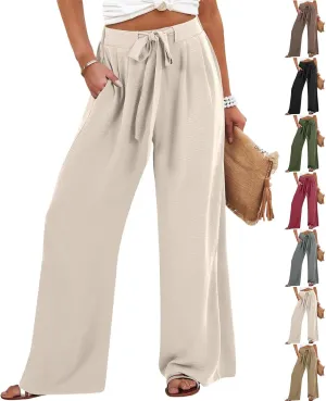 Women's High Waisted Wide Leg Flowy Pants Solid Color Tie Knot Palazzo Pants Casual Loose Beach Trousers with Pockets