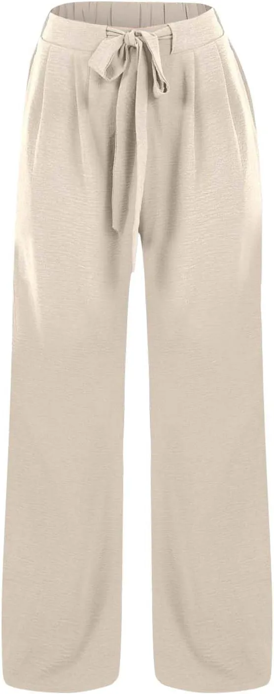 Women's High Waisted Wide Leg Flowy Pants Solid Color Tie Knot Palazzo Pants Casual Loose Beach Trousers with Pockets