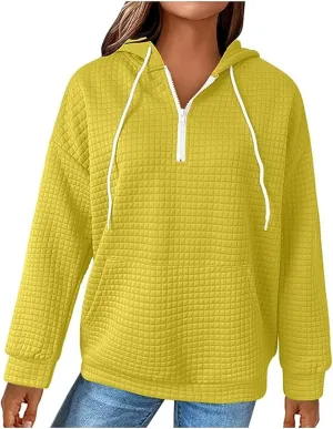 Womens Hoodies Casual Long Sleeve Drawstring Waffle Knit Pullover Tops Loose Hooded Sweatshirt with Pocket