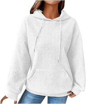 Womens Hoodies Casual Long Sleeve Drawstring Waffle Knit Pullover Tops Loose Hooded Sweatshirt with Pocket