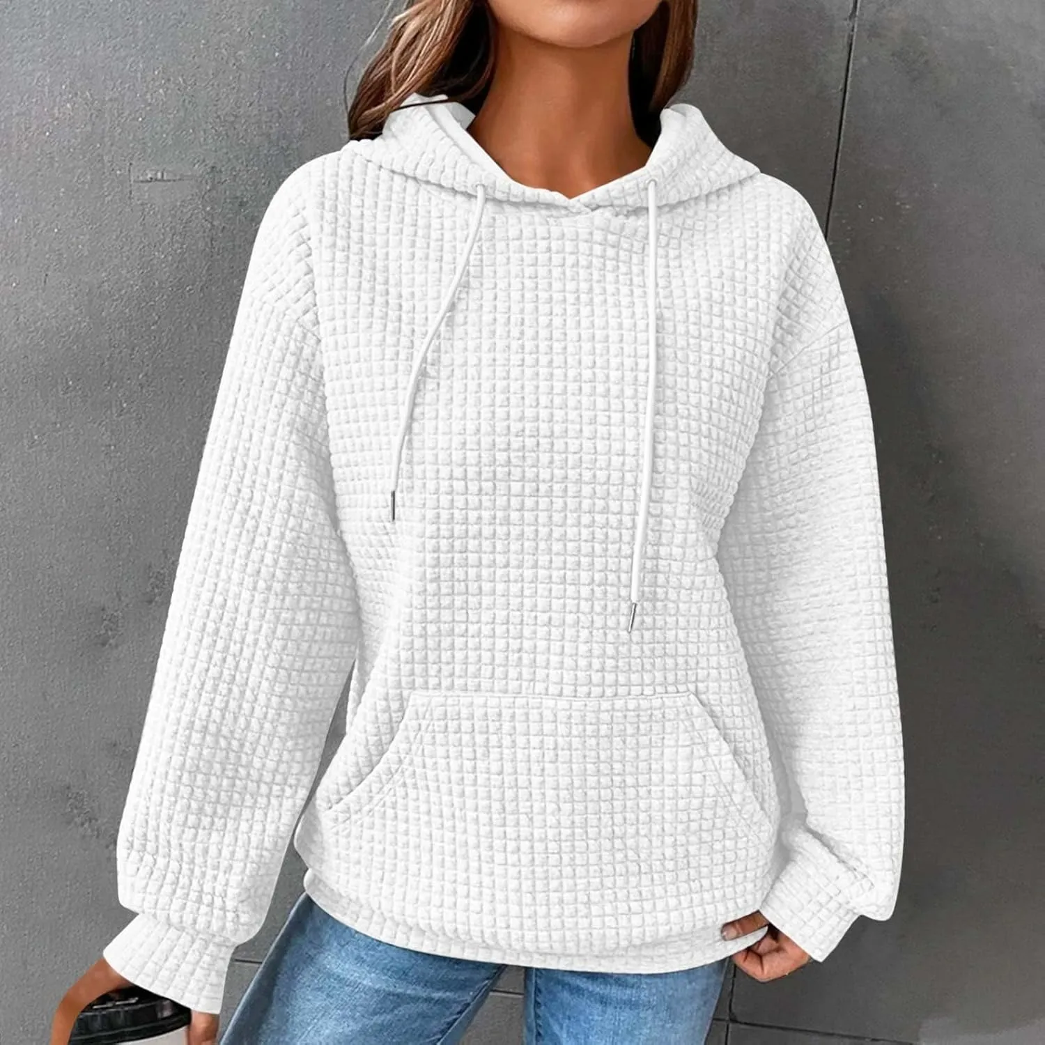 Womens Hoodies Casual Long Sleeve Drawstring Waffle Knit Pullover Tops Loose Hooded Sweatshirt with Pocket