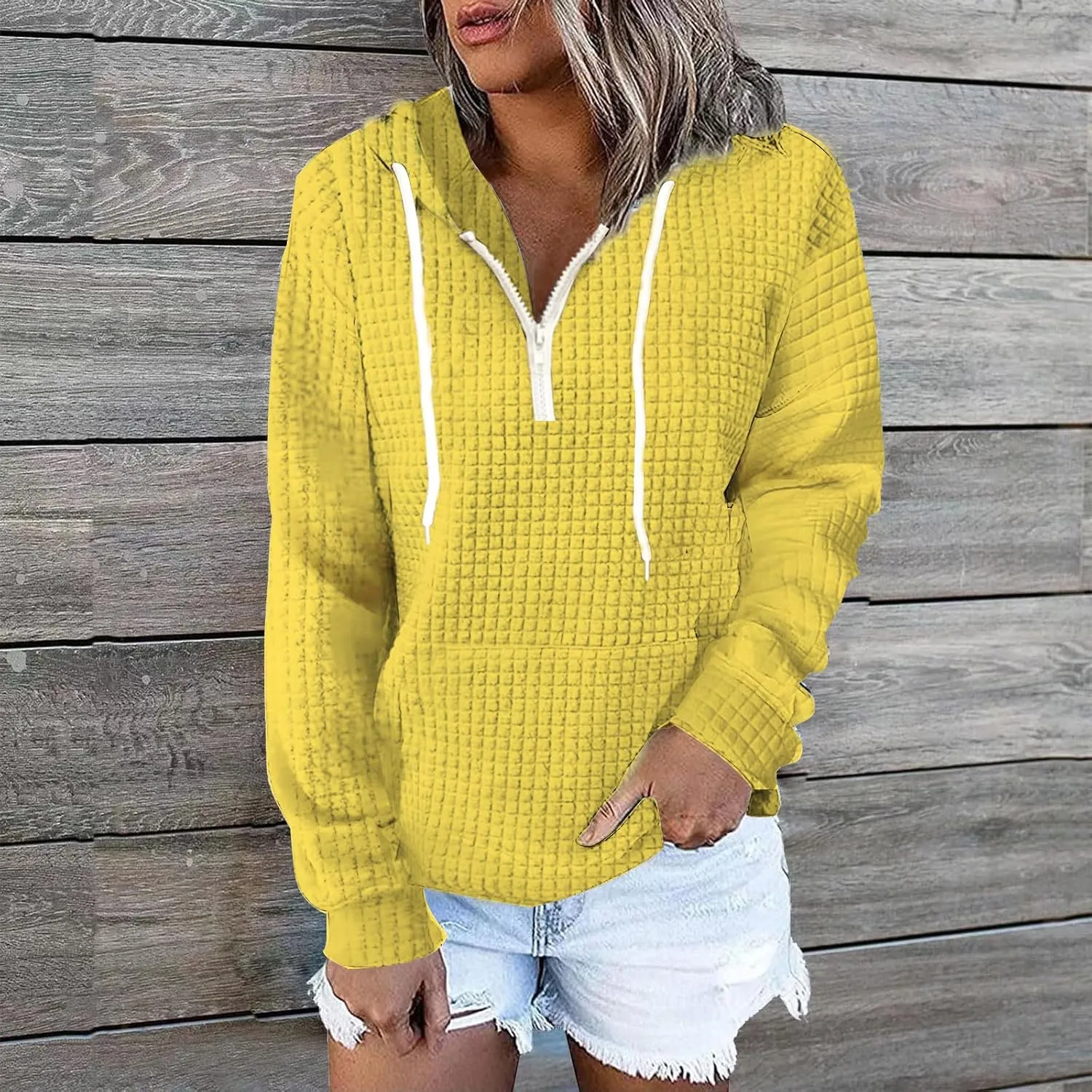 Womens Hoodies Casual Long Sleeve Drawstring Waffle Knit Pullover Tops Loose Hooded Sweatshirt with Pocket