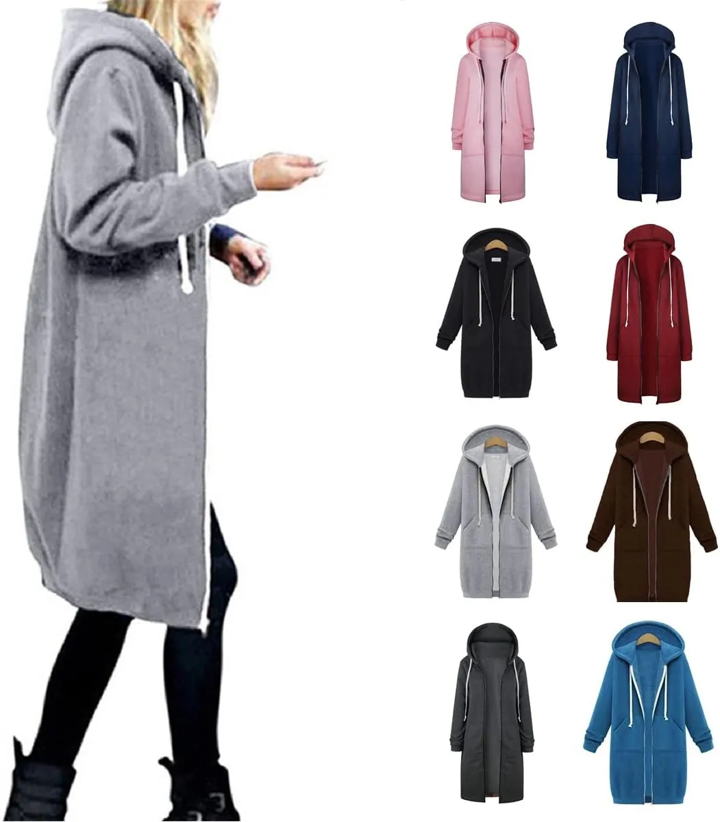 Womens Hoodies Zip Up Long Jackets Fleece Tunic Sweatshirt Oversized Outwear Thick Warm Coat with Pockets