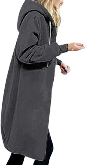 Womens Hoodies Zip Up Long Jackets Fleece Tunic Sweatshirt Oversized Outwear Thick Warm Coat with Pockets