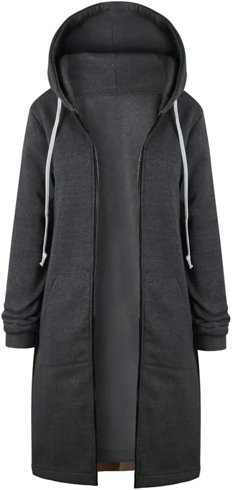 Womens Hoodies Zip Up Long Jackets Fleece Tunic Sweatshirt Oversized Outwear Thick Warm Coat with Pockets