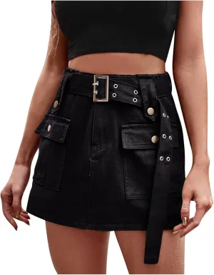 Womens Jean Shorts Casual Stretch Jeans with Multi-Pockets Elastic High Waisted Cargo Denim Shorts Trendy Skirt Shorts