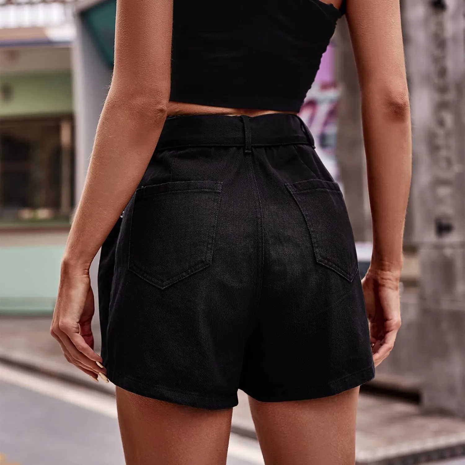 Womens Jean Shorts Casual Stretch Jeans with Multi-Pockets Elastic High Waisted Cargo Denim Shorts Trendy Skirt Shorts