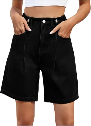 Women's Jean Shorts High Waisted Stretchy Casual Pleated Bermuda Shorts Summer Denim Short Trousers with Pockets
