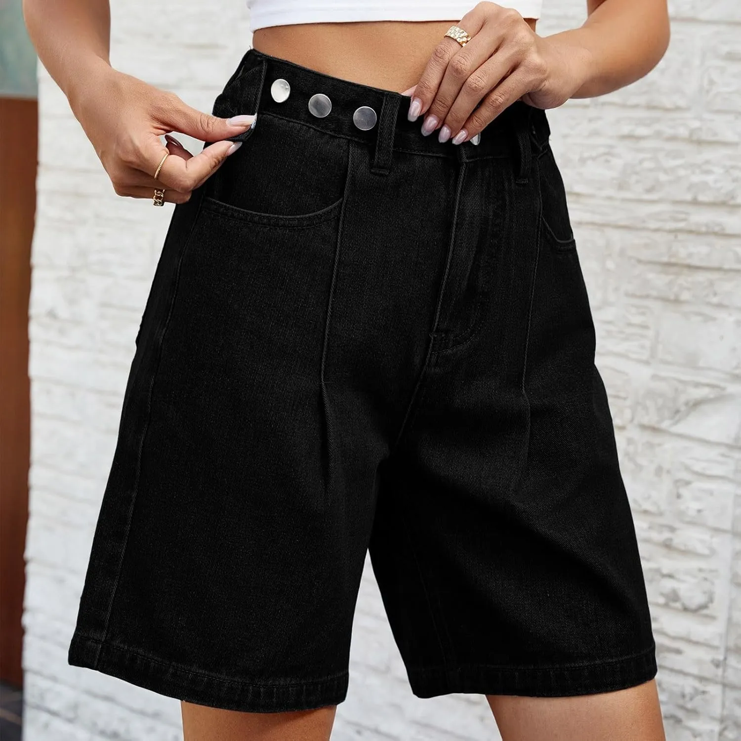 Women's Jean Shorts High Waisted Stretchy Casual Pleated Bermuda Shorts Summer Denim Short Trousers with Pockets