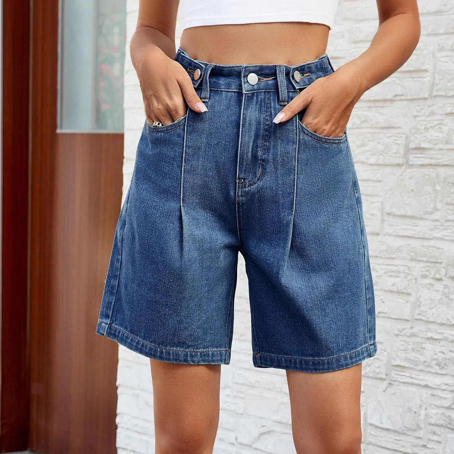 Women's Jean Shorts High Waisted Stretchy Casual Pleated Bermuda Shorts Summer Denim Short Trousers with Pockets