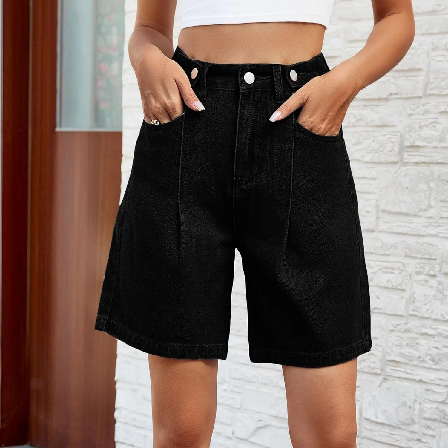 Women's Jean Shorts High Waisted Stretchy Casual Pleated Bermuda Shorts Summer Denim Short Trousers with Pockets