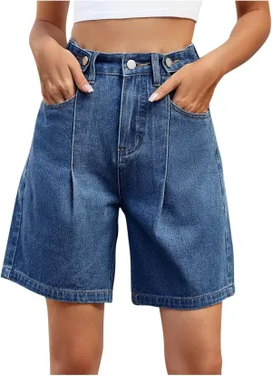 Women's Jean Shorts High Waisted Stretchy Casual Pleated Bermuda Shorts Summer Denim Short Trousers with Pockets