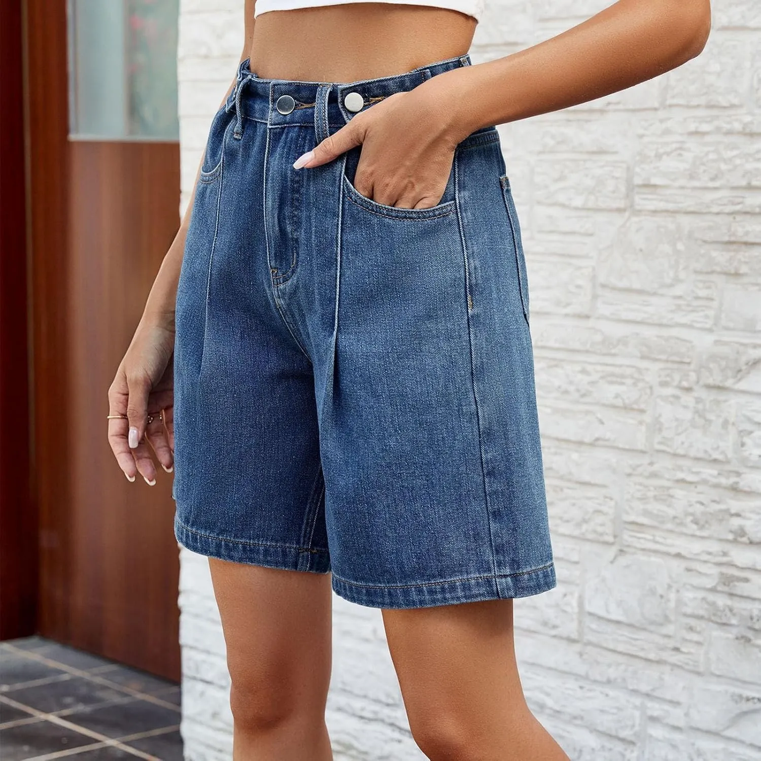Women's Jean Shorts High Waisted Stretchy Casual Pleated Bermuda Shorts Summer Denim Short Trousers with Pockets