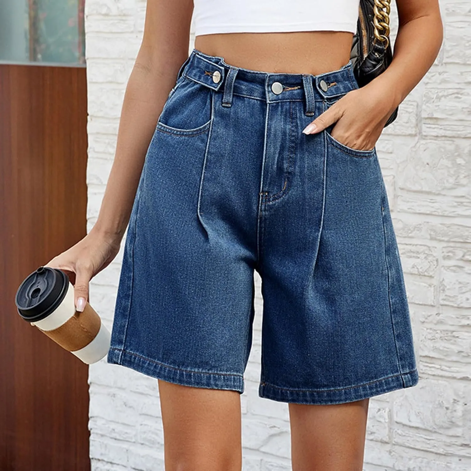 Women's Jean Shorts High Waisted Stretchy Casual Pleated Bermuda Shorts Summer Denim Short Trousers with Pockets