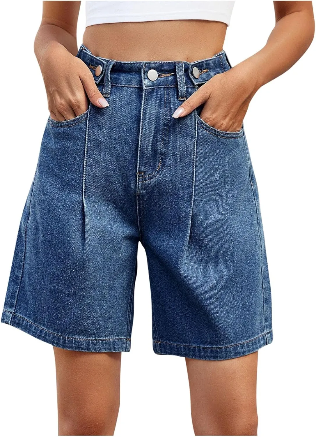 Women's Jean Shorts High Waisted Stretchy Casual Pleated Bermuda Shorts Summer Denim Short Trousers with Pockets