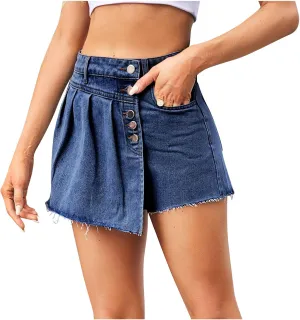 Womens Jean Shorts - Stretch High Waisted Trendy Denim Shorts Casual Summer Clothes Pleated Skirt Button Denim Shorts