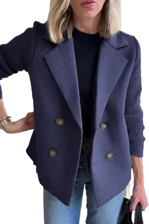 Women's Lapel Button Knitted Patchwork Sleeve Casual Coat Cropped Sweater Blazer Women Knit Blazer