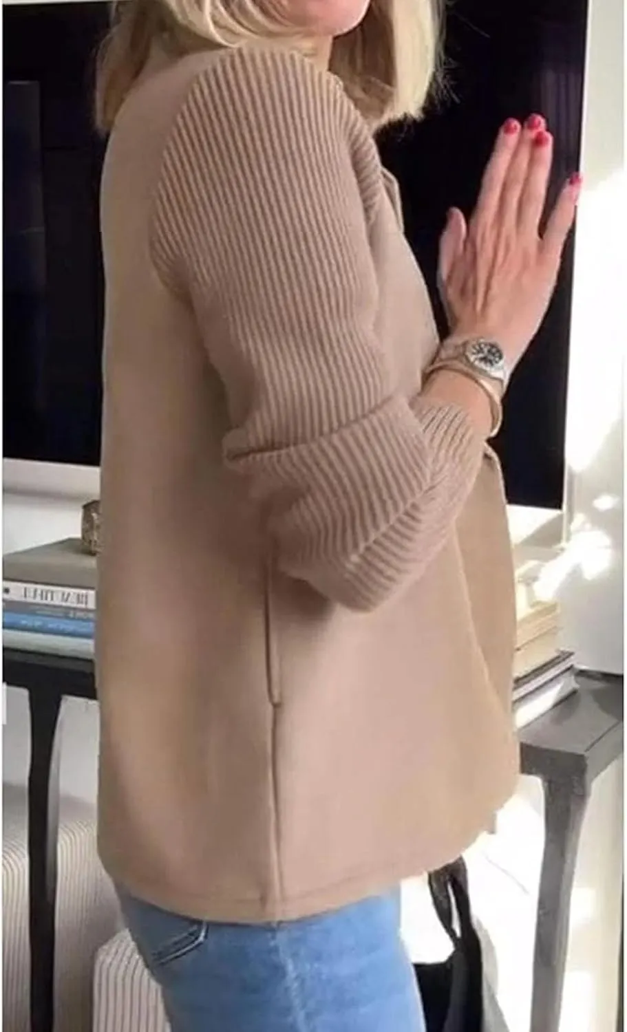 Women's Lapel Button Knitted Patchwork Sleeve Casual Coat Cropped Sweater Blazer Women Knit Blazer