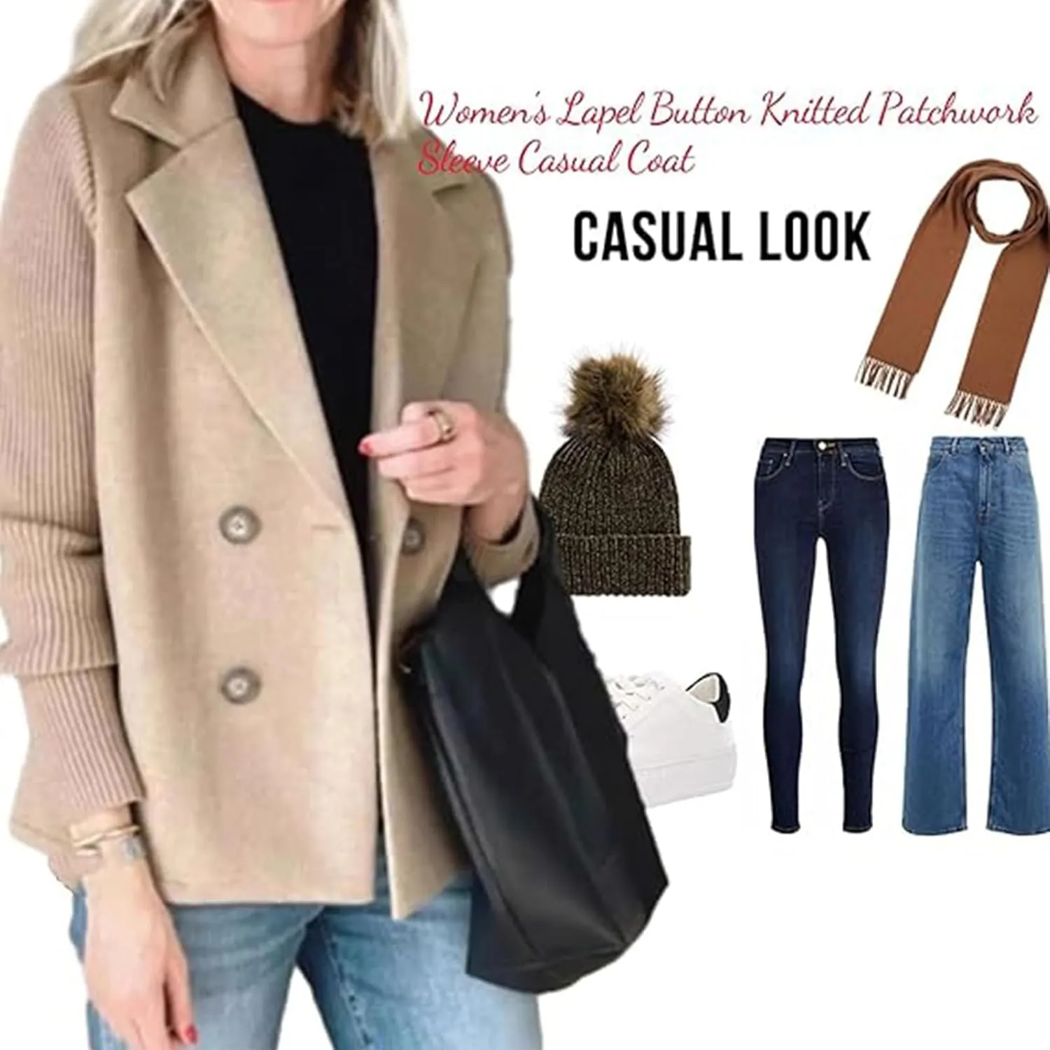 Women's Lapel Button Knitted Patchwork Sleeve Casual Coat Cropped Sweater Blazer Women Knit Blazer