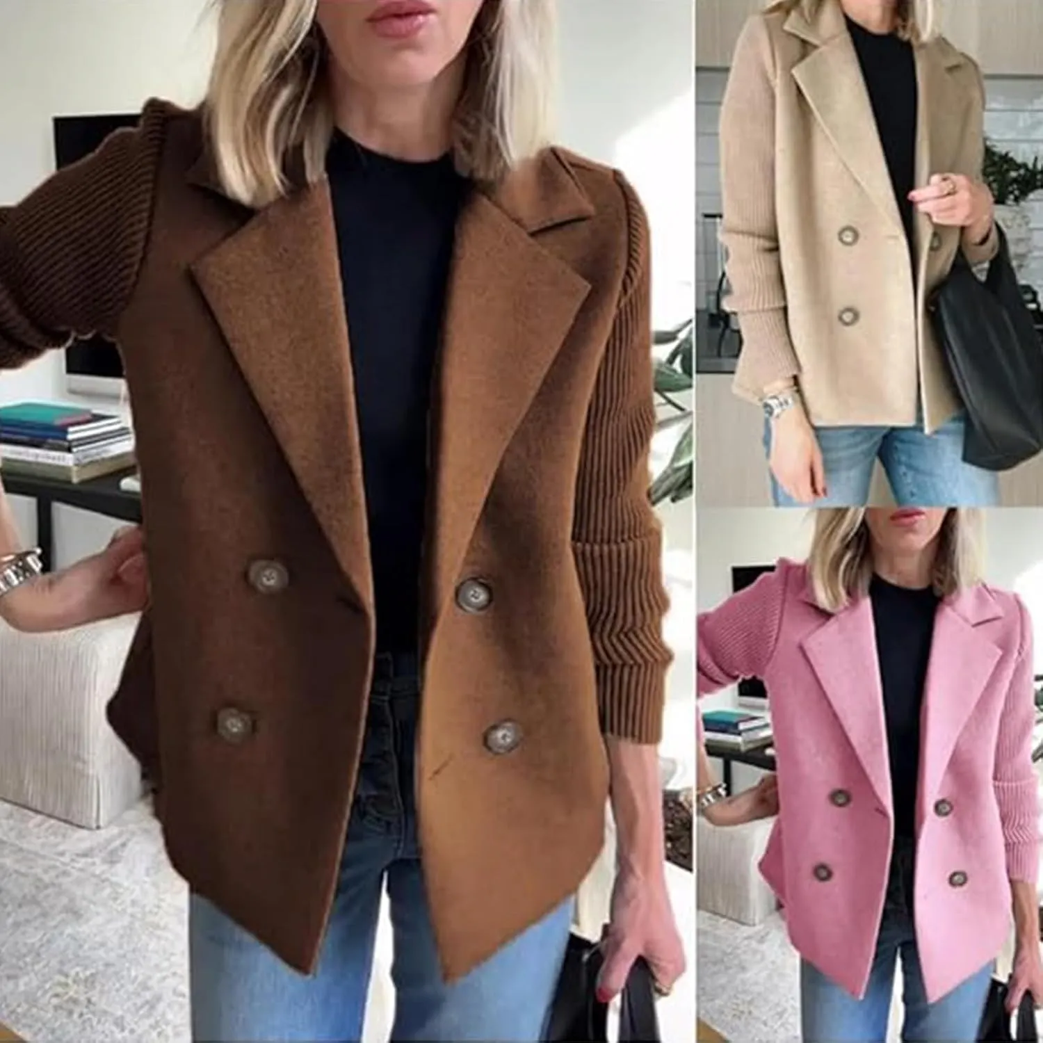 Women's Lapel Button Knitted Patchwork Sleeve Casual Coat Cropped Sweater Blazer Women Knit Blazer