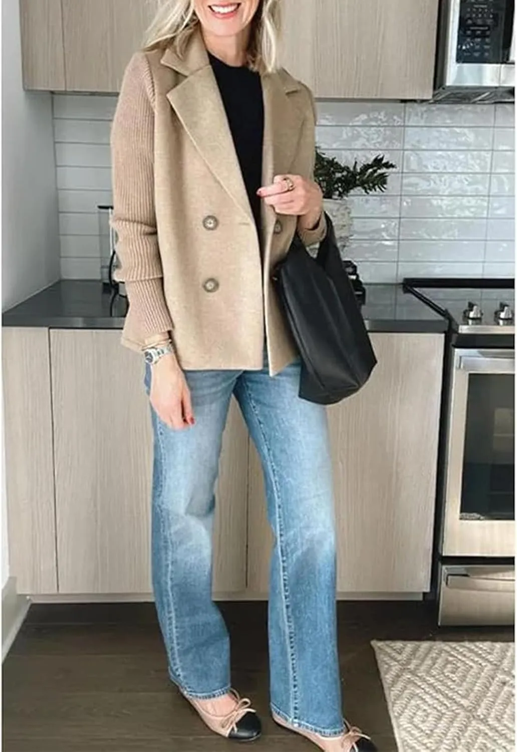 Women's Lapel Button Knitted Patchwork Sleeve Casual Coat Cropped Sweater Blazer Women Knit Blazer