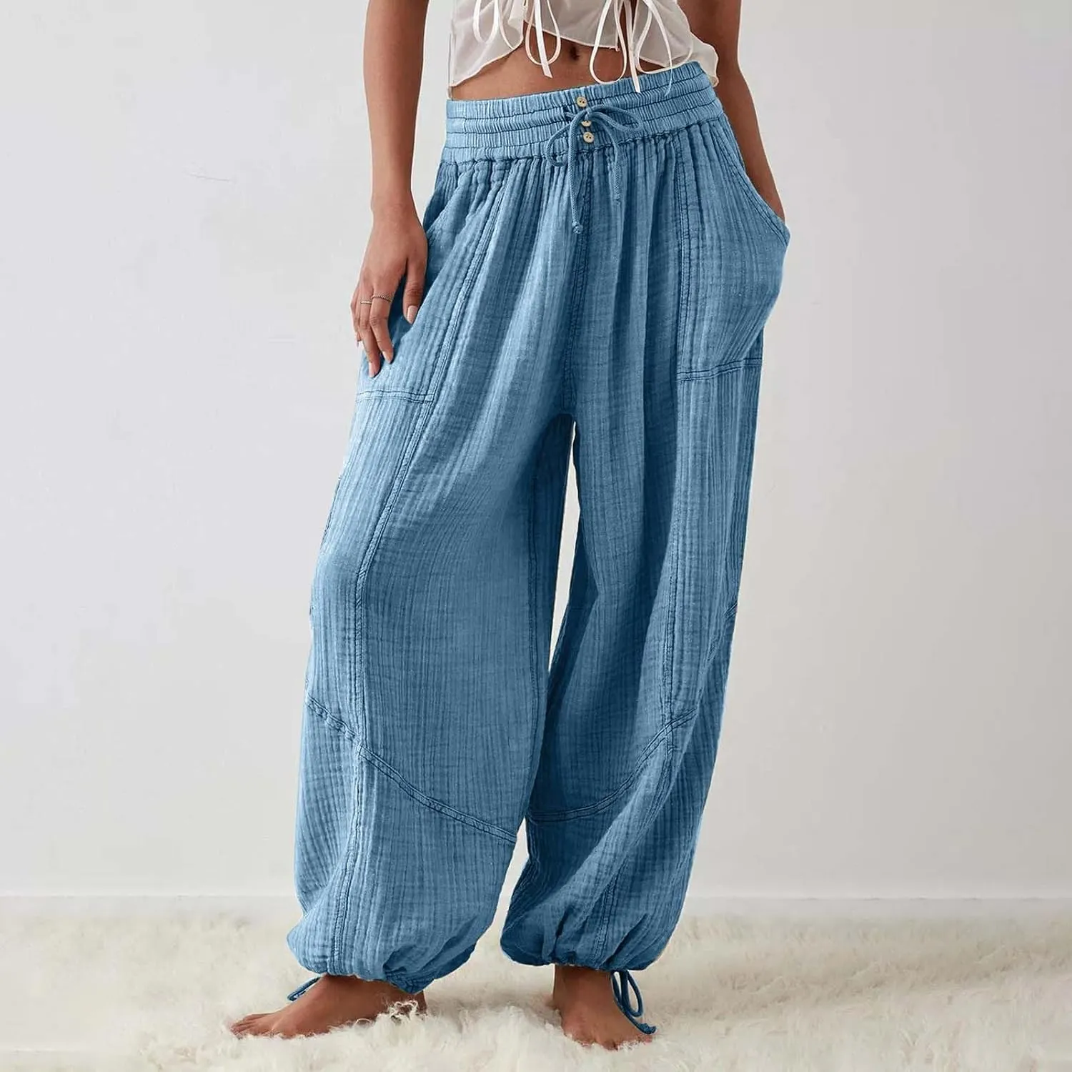 Women's Lightweight Oversized Baggy Pants Trendy High Waist Breathable Pleated Trouser Beach Playing Casual Sweatpant