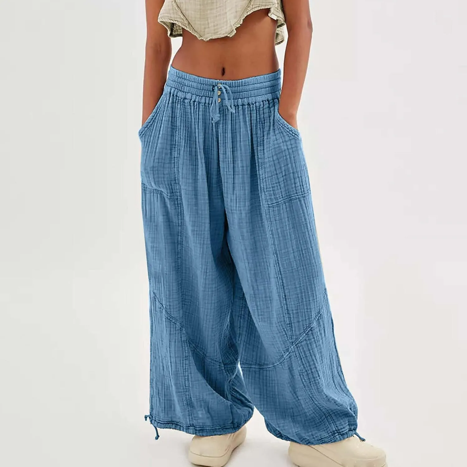 Women's Lightweight Oversized Baggy Pants Trendy High Waist Breathable Pleated Trouser Beach Playing Casual Sweatpant