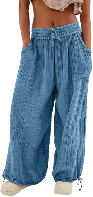 Women's Lightweight Oversized Baggy Pants Trendy High Waist Breathable Pleated Trouser Beach Playing Casual Sweatpant