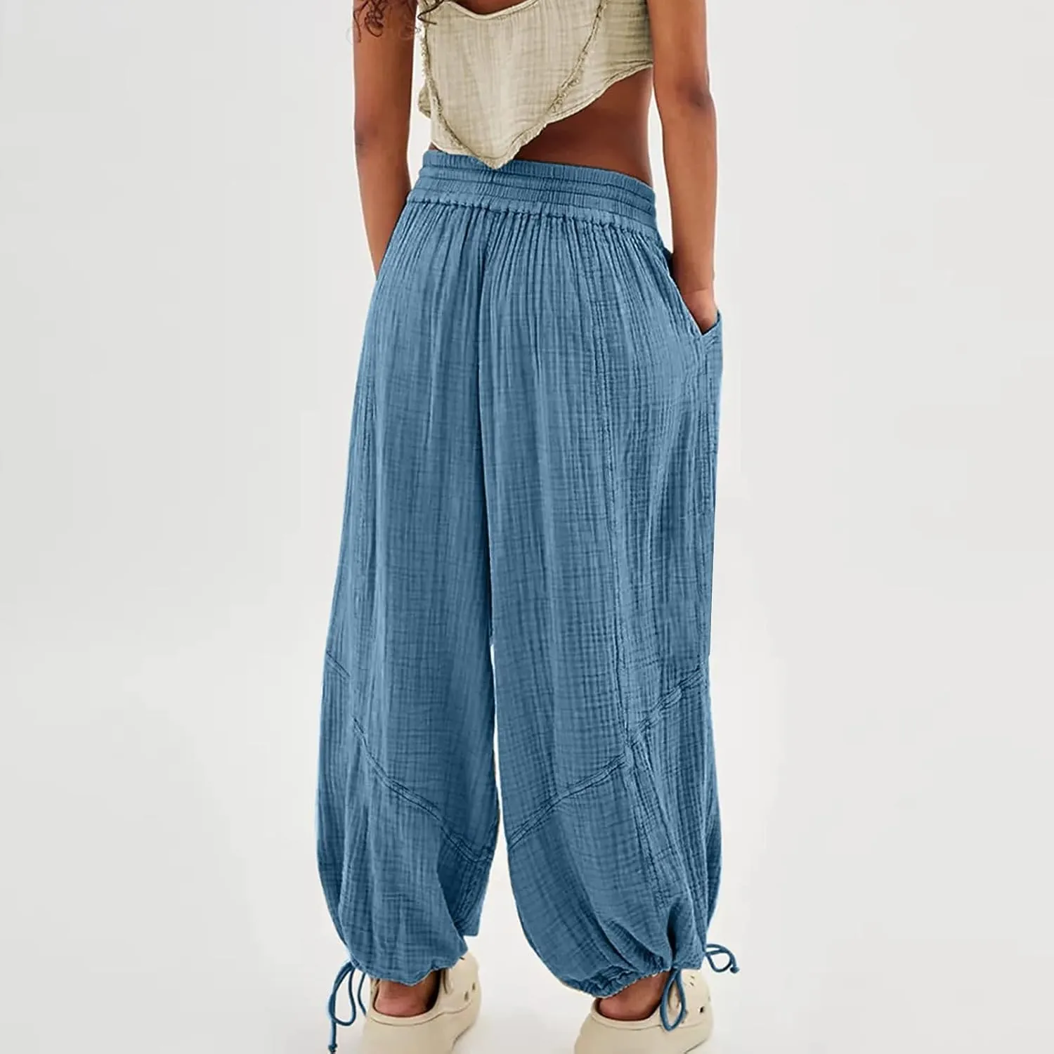 Women's Lightweight Oversized Baggy Pants Trendy High Waist Breathable Pleated Trouser Beach Playing Casual Sweatpant