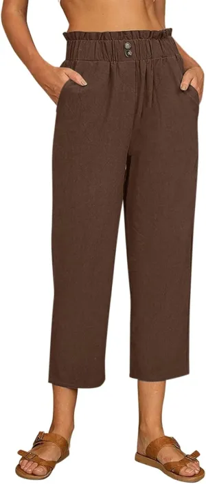 Womens Linen Blend Summer Boho Palazzo Lounge Pants Elastic Waist Baggy Stretchy Slim Fit Pants Travel