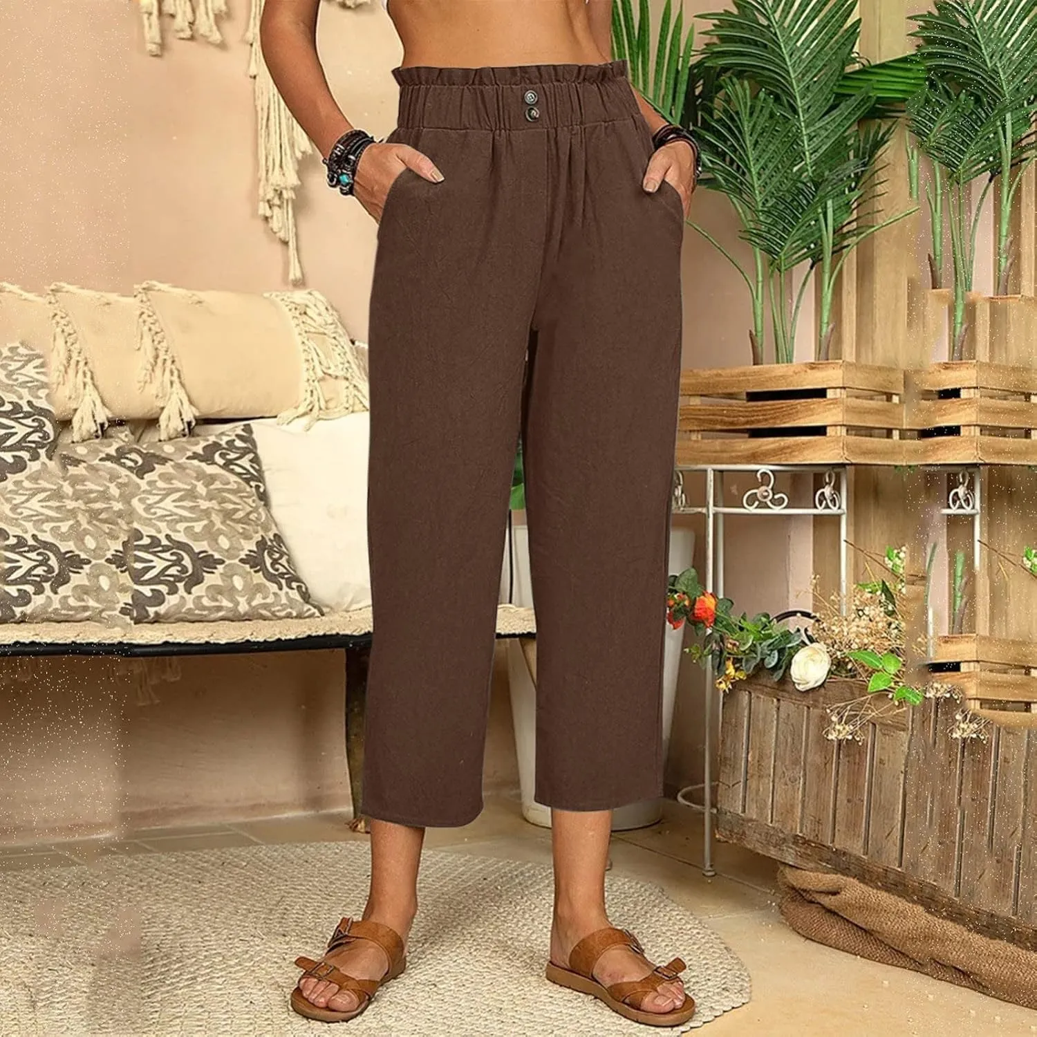 Womens Linen Blend Summer Boho Palazzo Lounge Pants Elastic Waist Baggy Stretchy Slim Fit Pants Travel