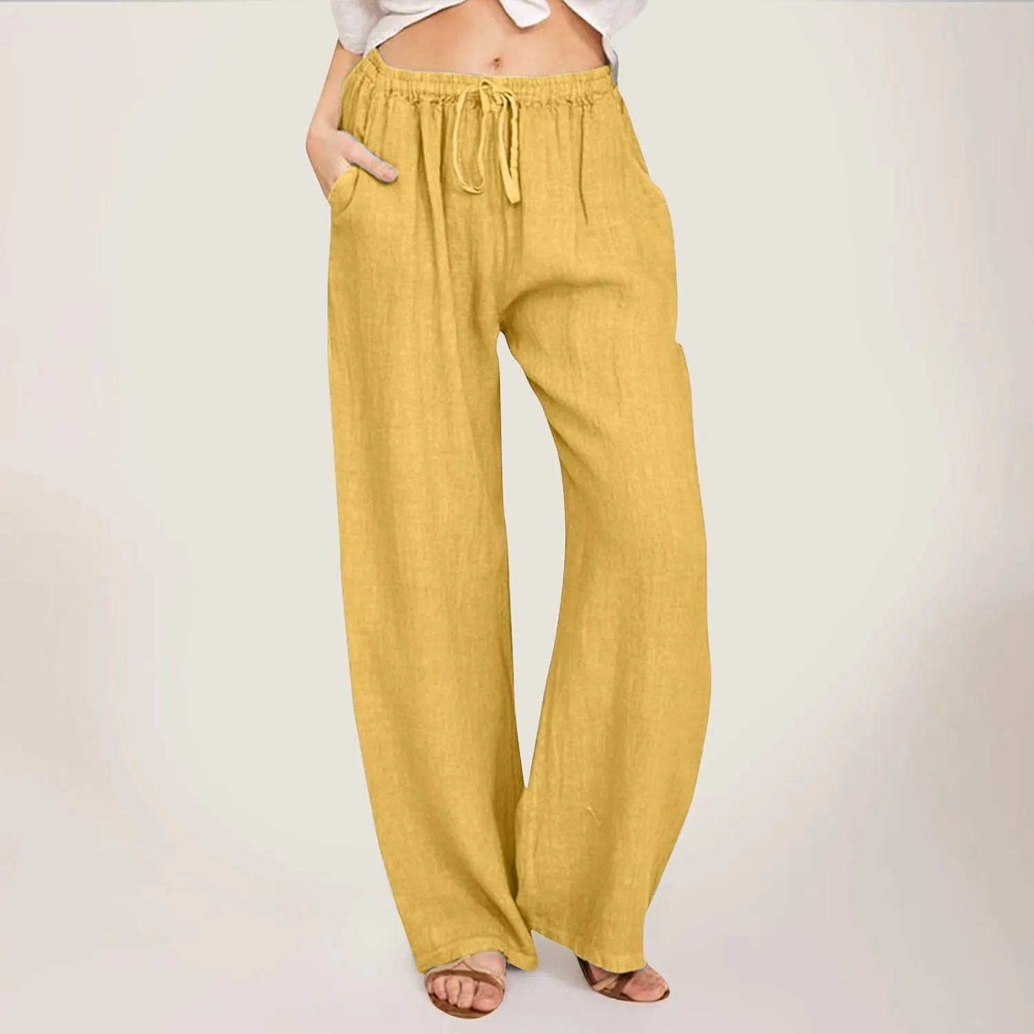 Women's Linen Blend Summer Cropped Palazzo Pants High Waist Lounge Pants Loose Fit Palazzo Lounge Pants Beach