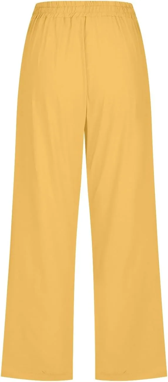 Women's Linen Blend Summer Flowy Pants Elastic Waist Stretchy Slim-Fit Trouser Vacation