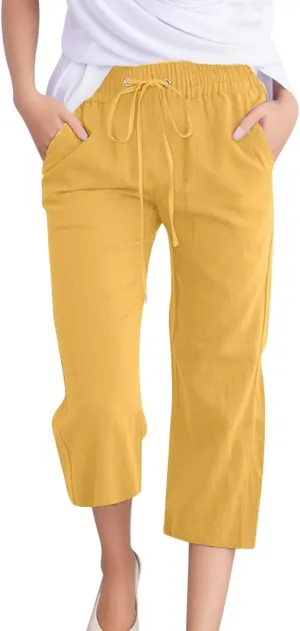 Women's Linen Blend Summer Flowy Pants Elastic Waist Stretchy Slim-Fit Trouser Vacation
