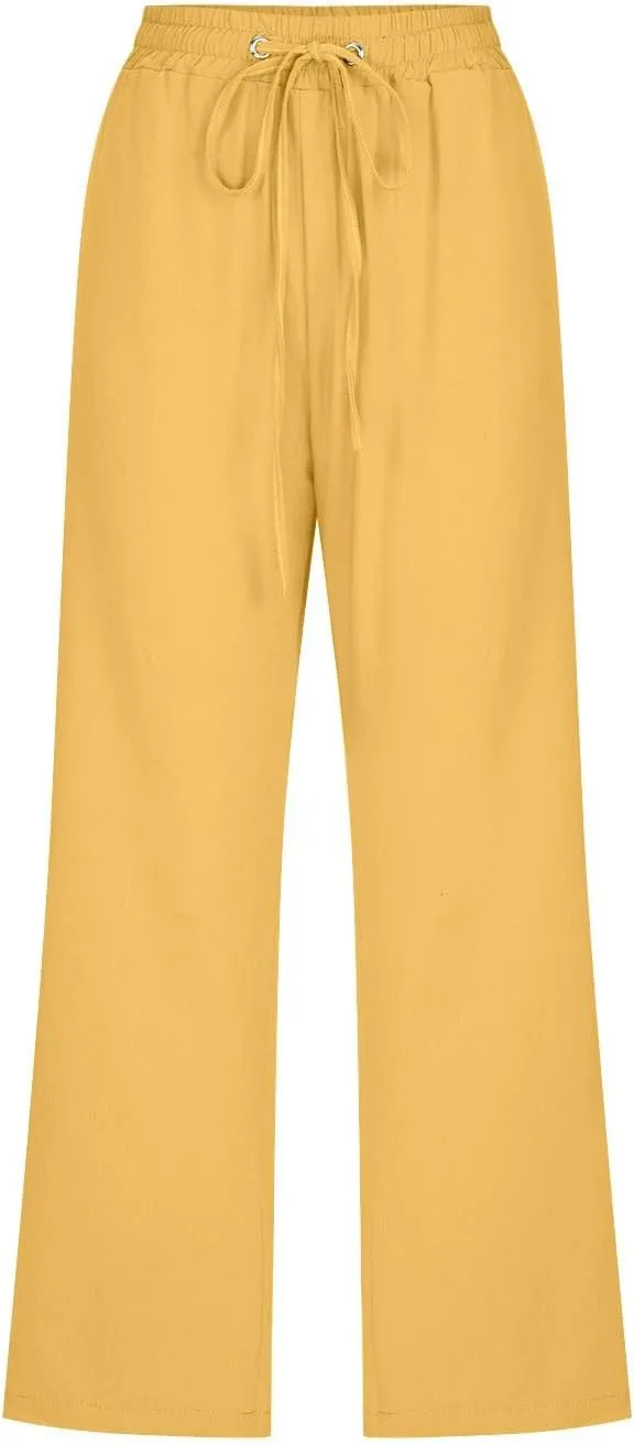 Women's Linen Blend Summer Flowy Pants Elastic Waist Stretchy Slim-Fit Trouser Vacation