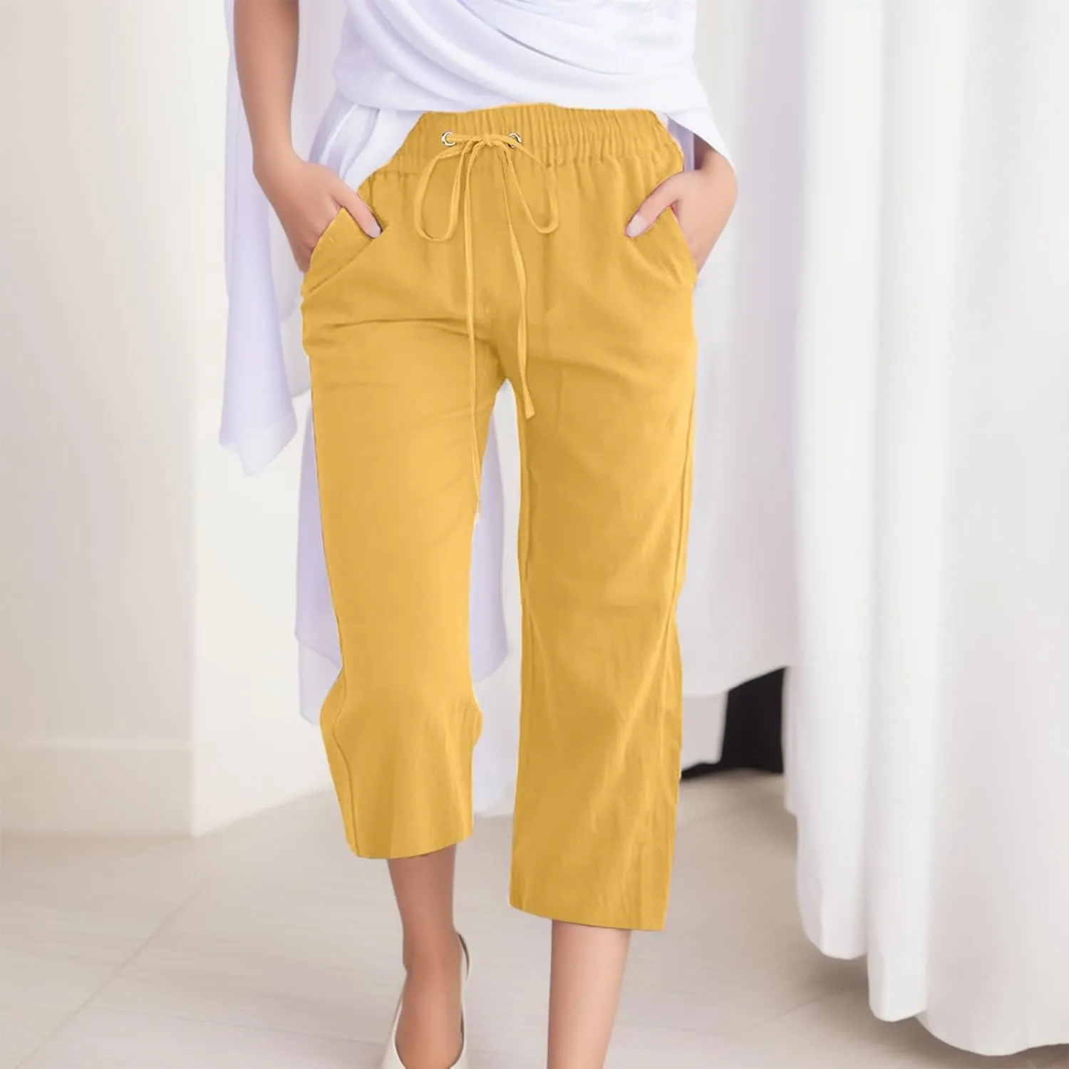 Women's Linen Blend Summer Flowy Pants Elastic Waist Stretchy Slim-Fit Trouser Vacation