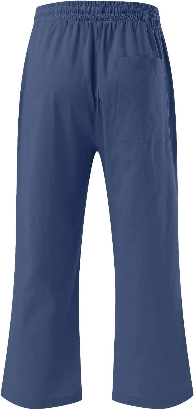 Womens Linen Capri Pants 2024 Summer Casual High Waist Elastic Drawstring Loose Soft Pockets Wide Leg Crop Trousers