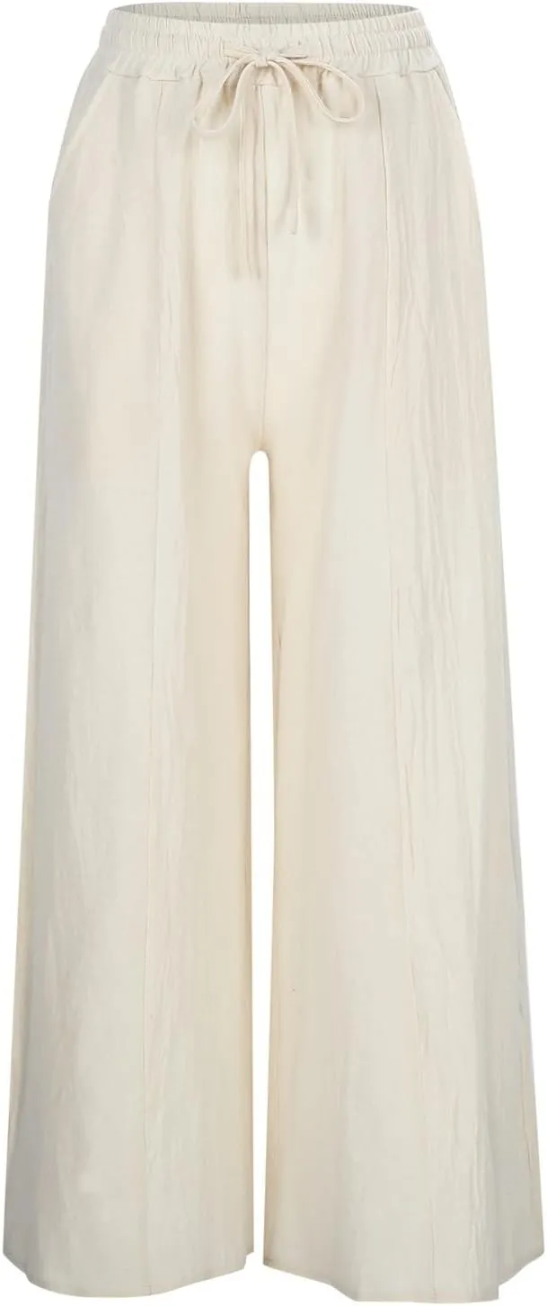 Womens Linen Summer Palazzo Palazzo Pants Elastic Waisted Lounge Pants Plus Size Pant Trousers Office