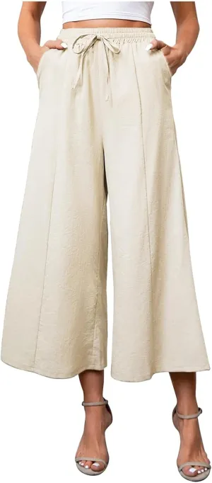 Womens Linen Summer Palazzo Palazzo Pants Elastic Waisted Lounge Pants Plus Size Pant Trousers Office